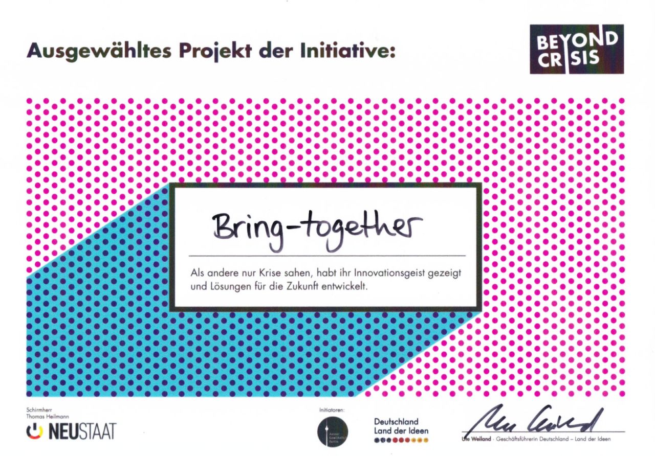 Urkunde für bring-together als ausgewähltes Projekt der Initiative Beyond Crisis – Zeit für neue Lösungen